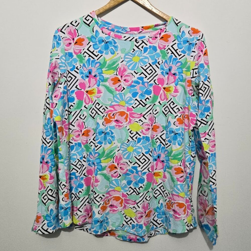 Ibkul Womens Floral Mesh Vent Golf Top Sz XL Cooling Preppy Outdoor Tennis L/S